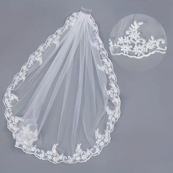 Embroidered Lace and Gems Edge Fingertip Bridal Wedding Veil White With Comb - Picture 3 of 8